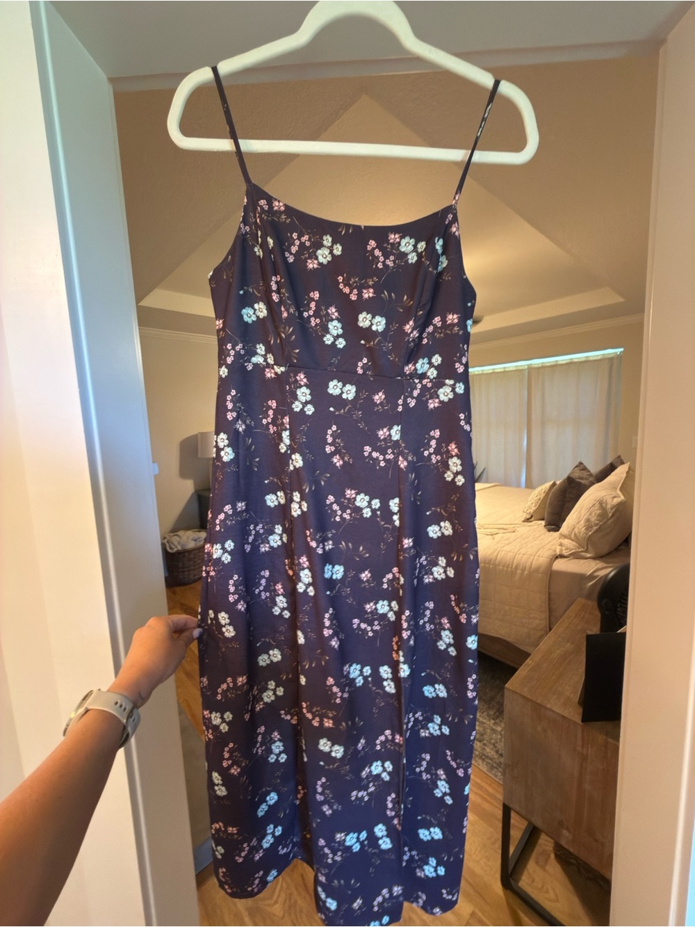 Originality Floral Spaghetti Strap Dress in burgundy with Pink & Mint Flowers